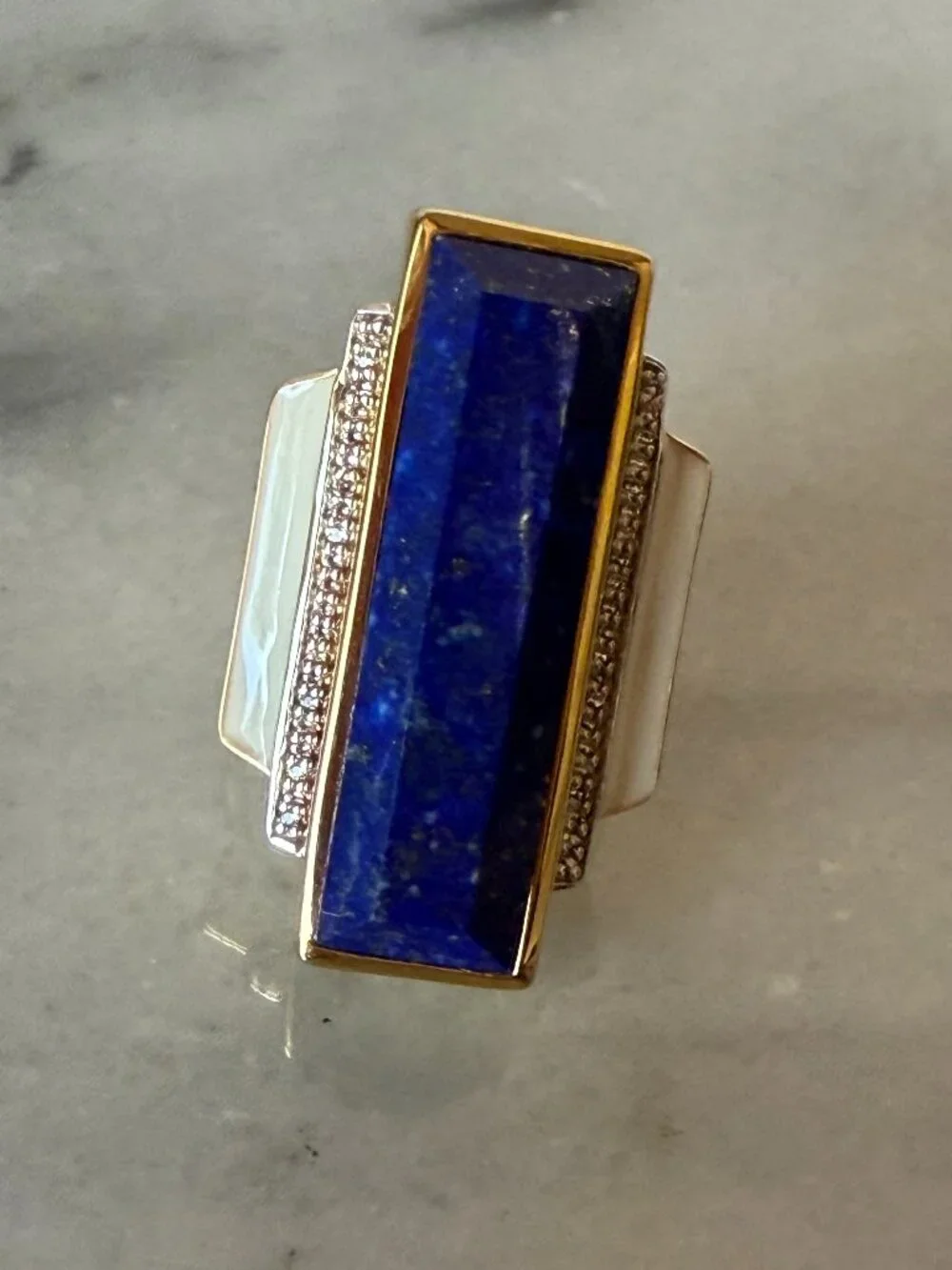 NIB WOW Art Deco Lapis & White Topaz Enamel in 18kt Gold Over Sterling - 5 -5.25